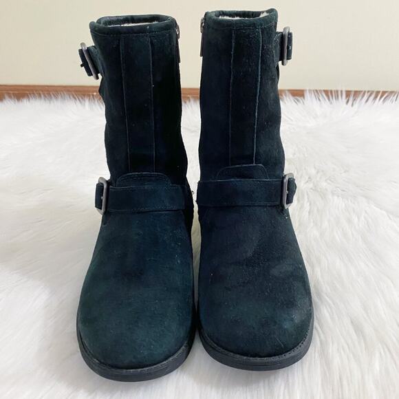 Ugg Black Suede Moto Boots Women's Size 6.5 Side Zip Shearling Lined Round Toe - Picture 2 of 10